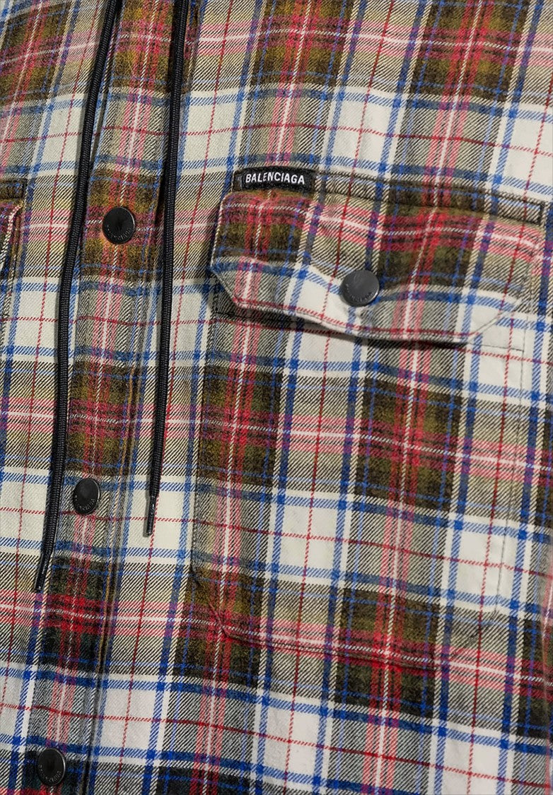 Balenciaga Bleached Plaid Hooded Long Sleeve Shirt