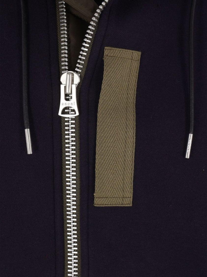 Sacai Hooded Zip-Through Sweater With Olive Green Accents