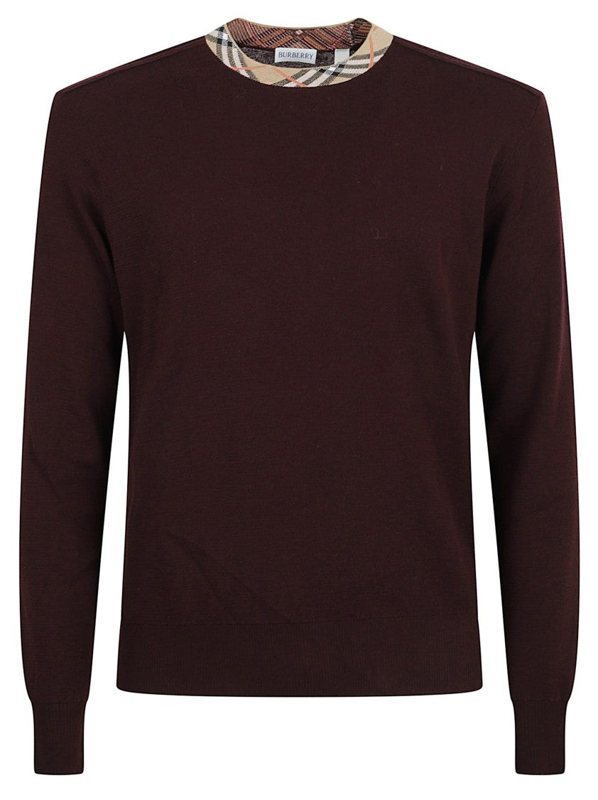 Burberry Burgundy Wool Sweater With Iconic Check