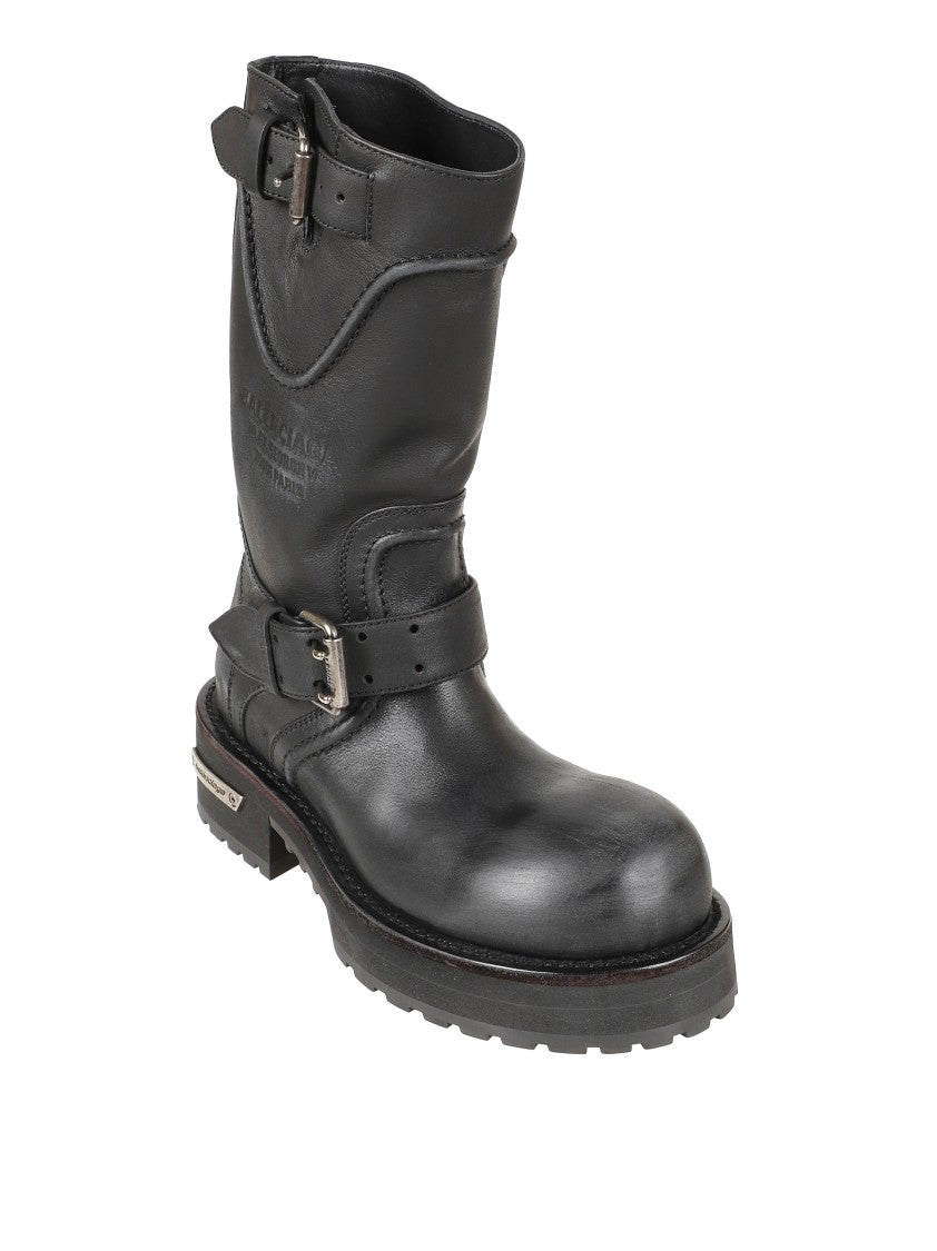Balenciaga Mid-Calf Black Leather Boots With Adjustable Buckle Straps