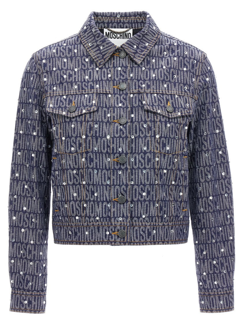 Moschino Cotton Denim Blend Jacket With Signature Logo Pattern