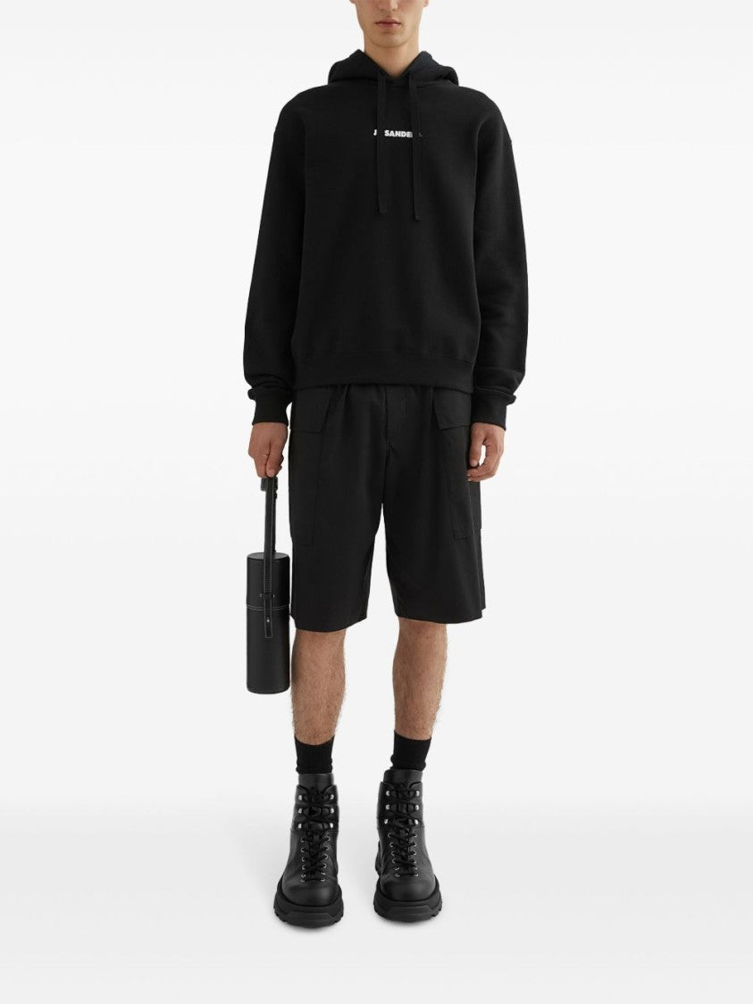 Jil Sander Relaxed Fit Black Cotton Hoodie With Logo Print