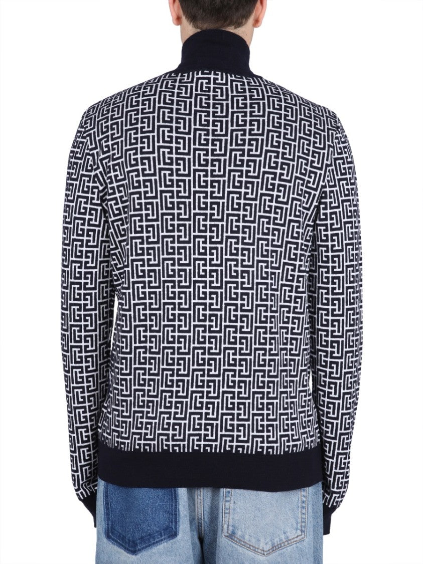 Balmain High-Neck Sweater With All-Over Monogram Pattern