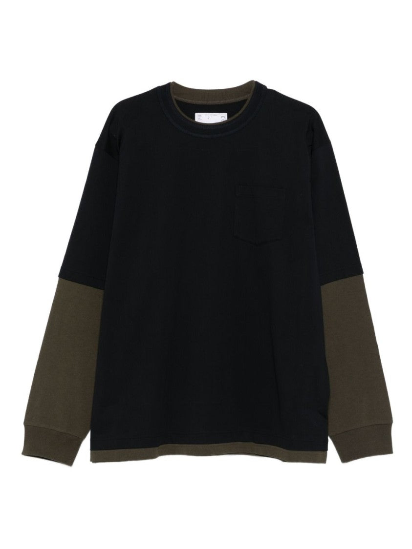 Sacai Long-Sleeve Shirt With Contrasting Olive Green Sleeves And Ribbed Cuffs