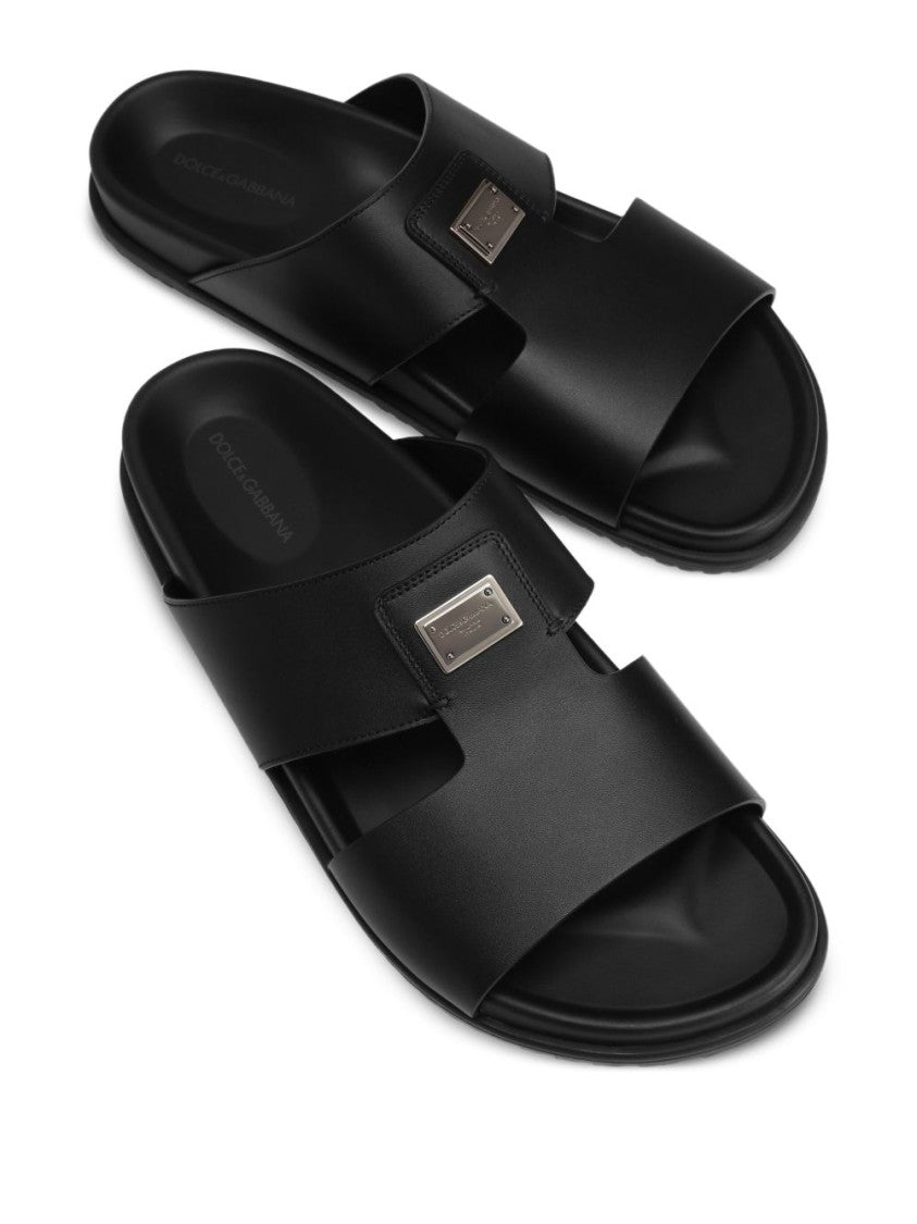 Dolce & Gabbana Logo-Embellished Black Leather Sandals With Moulded Footbed