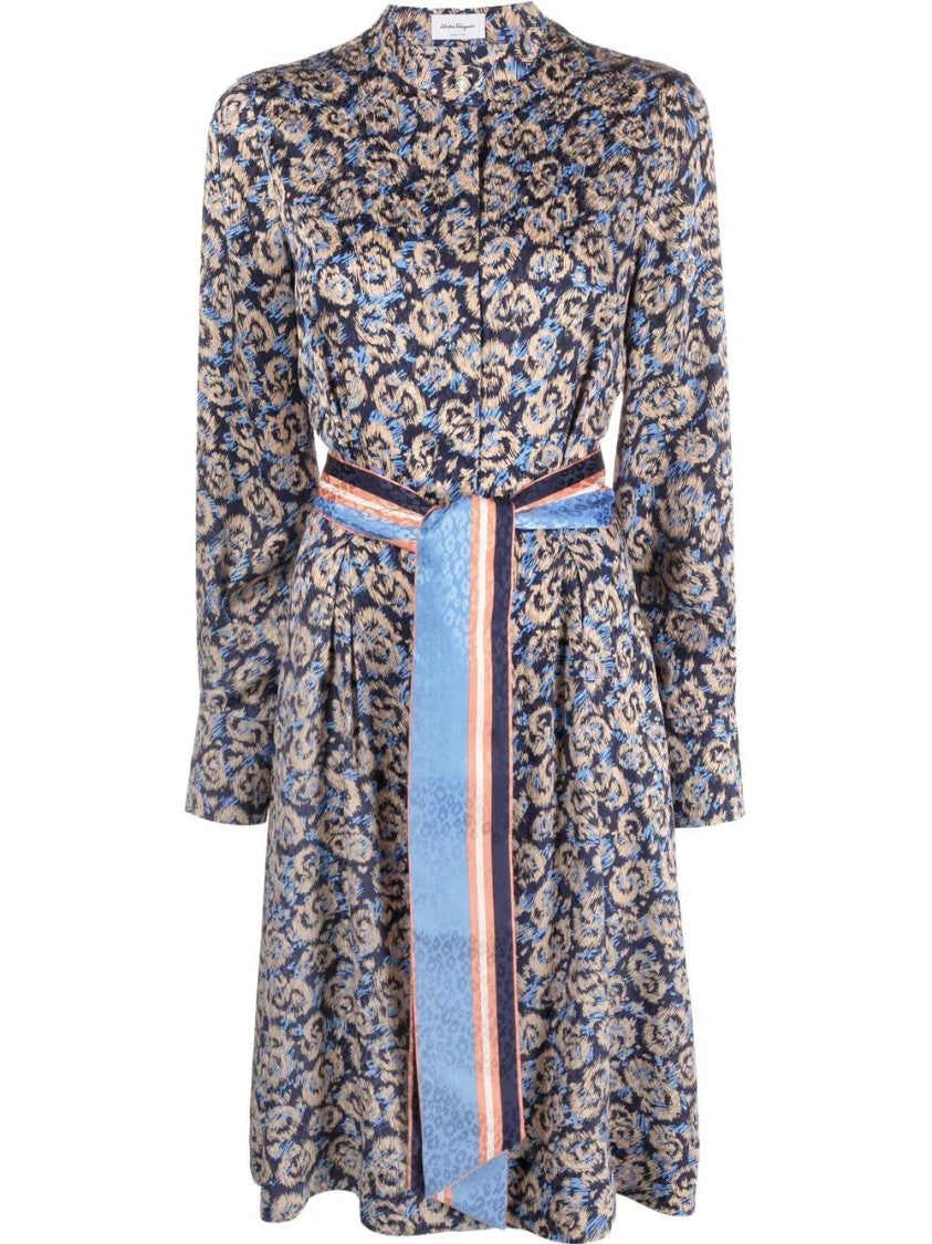 Salvatore Ferragamo Floral-Print Midi Dress With Striped Sash Belt And Silk Finish