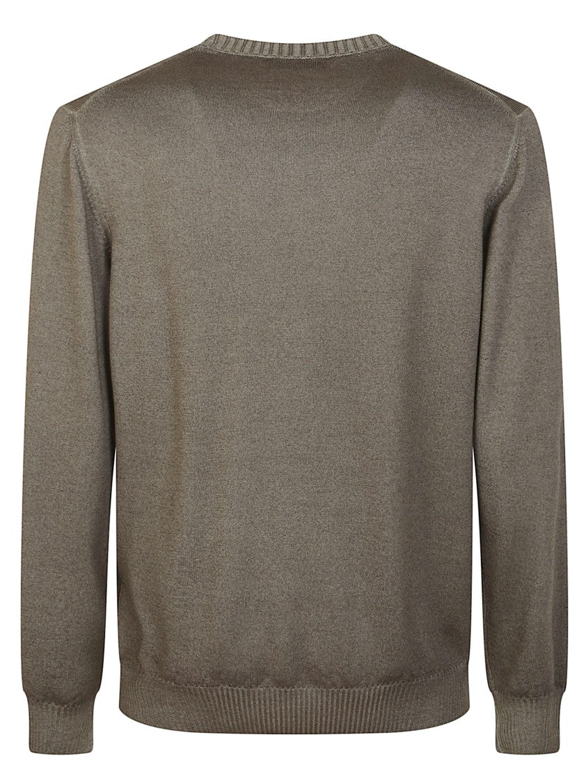 Fay Crew Neck Green Virgin Wool Sweater With Iconic Embroidery