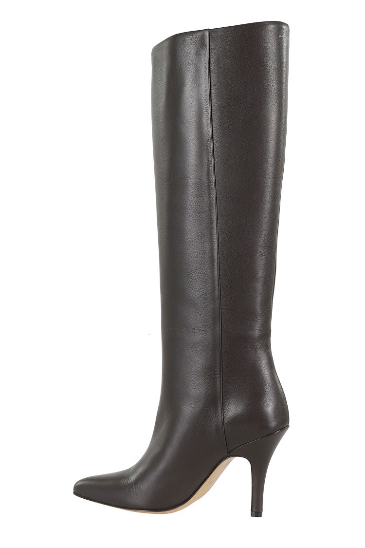 Mm6 By Maison Margiela Pointed Toe Knee-High Boot With White Stitch Detail