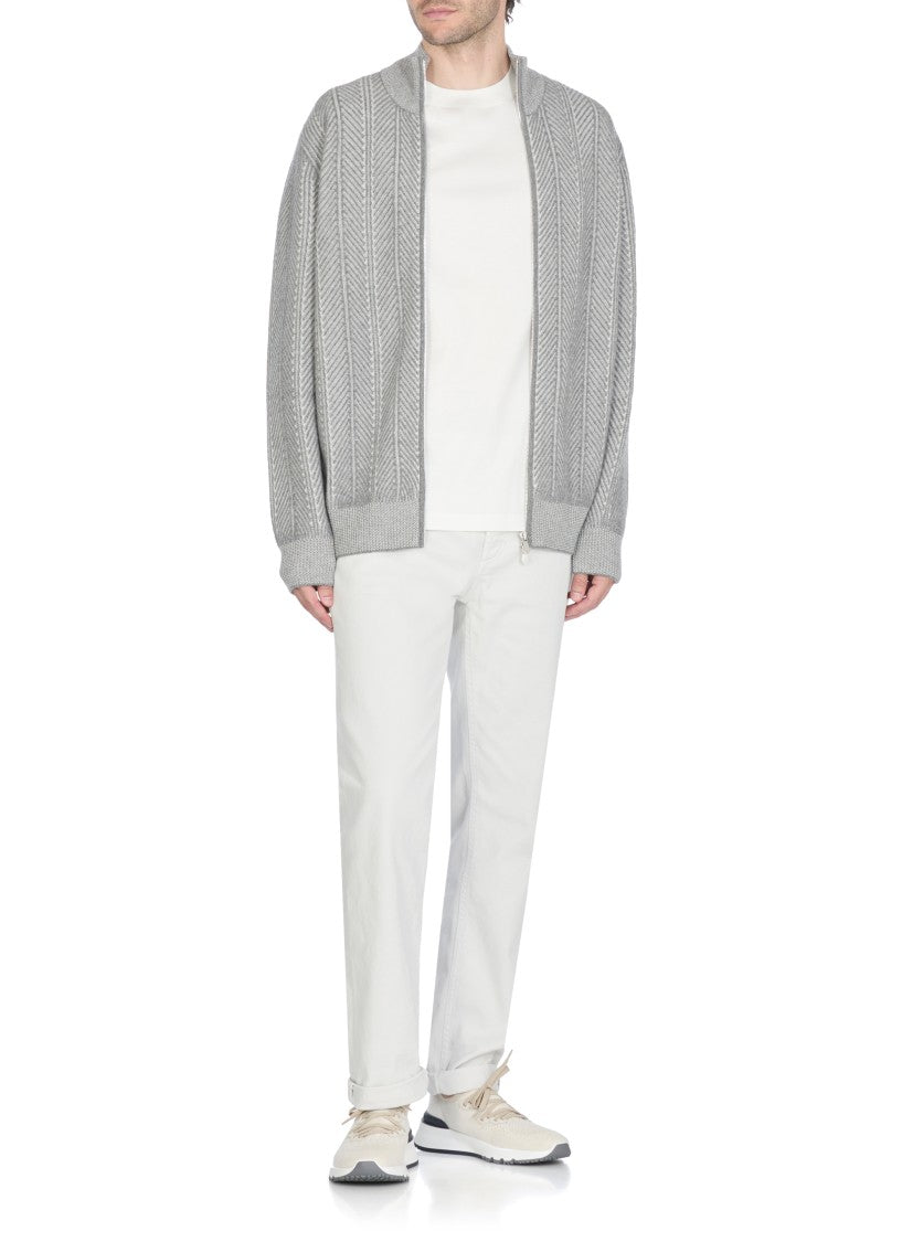 Brunello Cucinelli Grey Cashmere Cardigan With High Neck