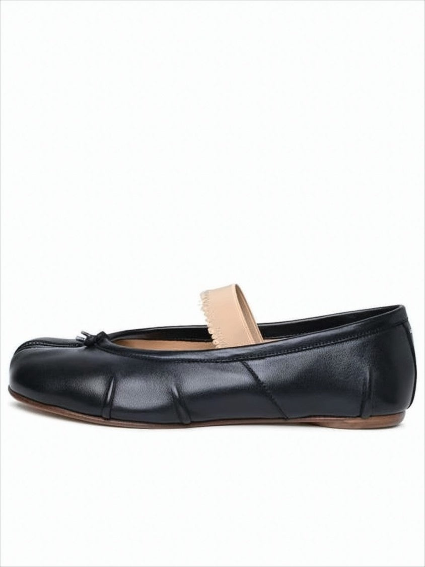 Maison Margiela Split-Toe Black Lambskin Flat Shoes With Bow Detail