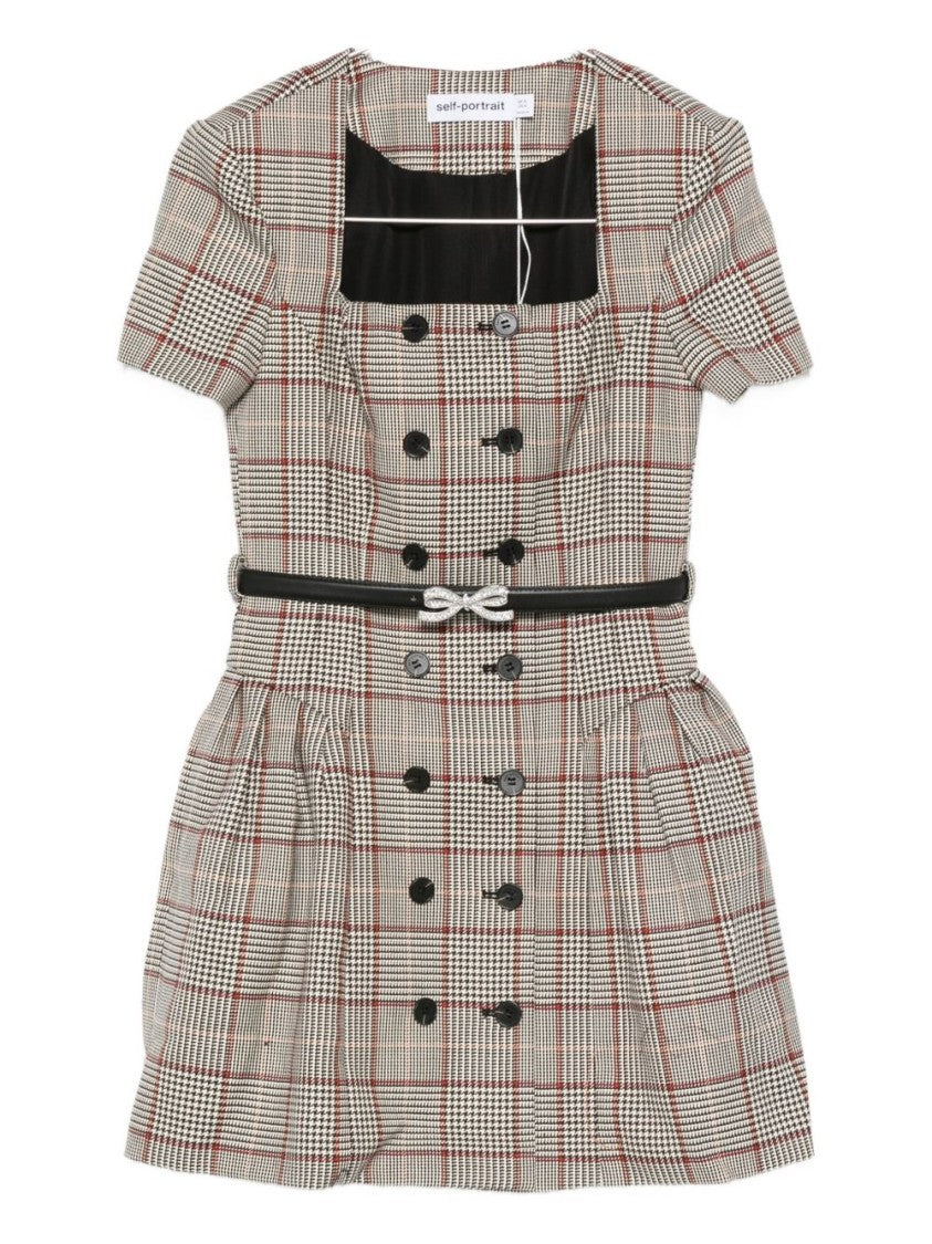 Self-Portrait Brown Check Short Sleeve Mini Dress