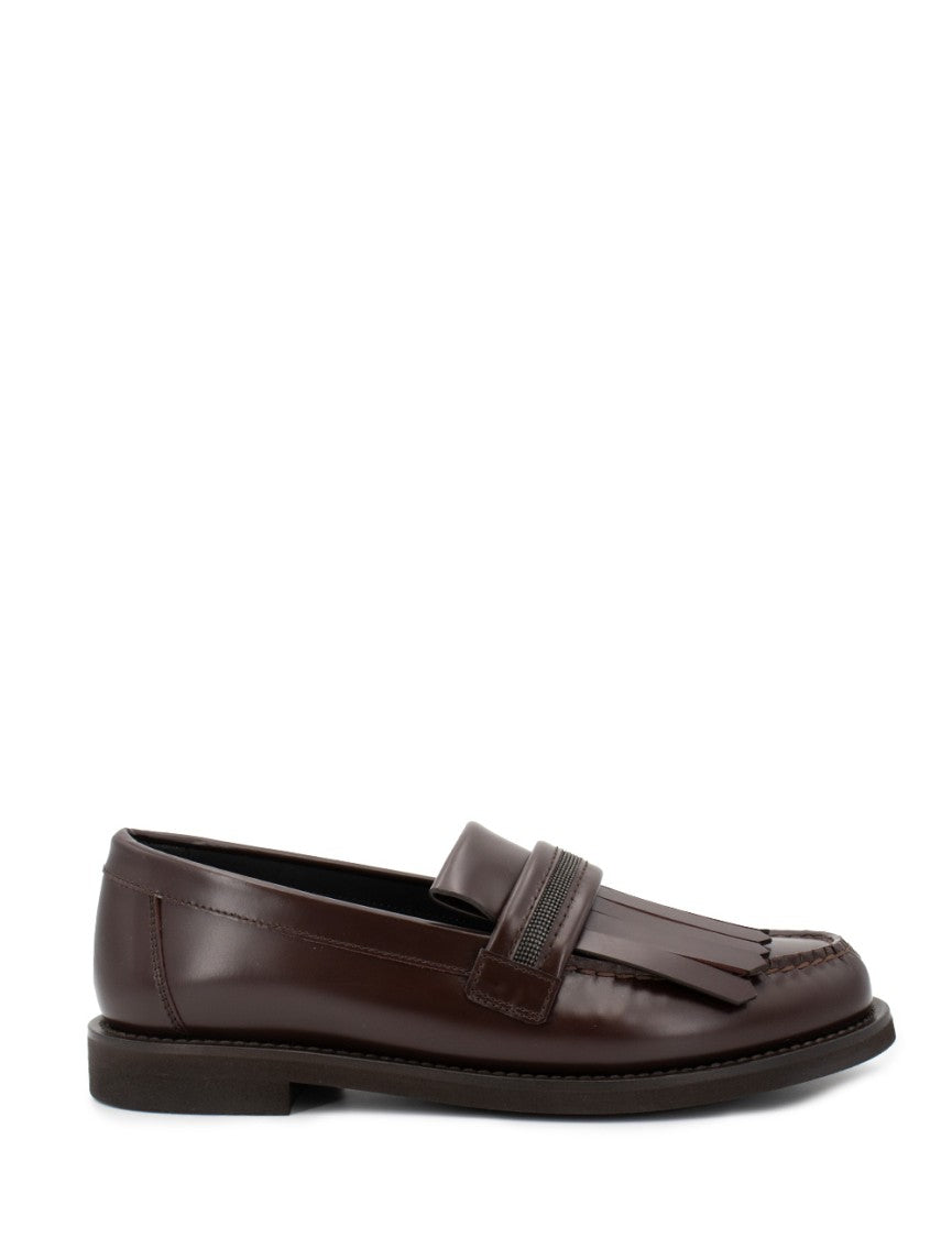 Brunello Cucinelli Burgundy Leather Moccasins With Decorative Fringe Detail