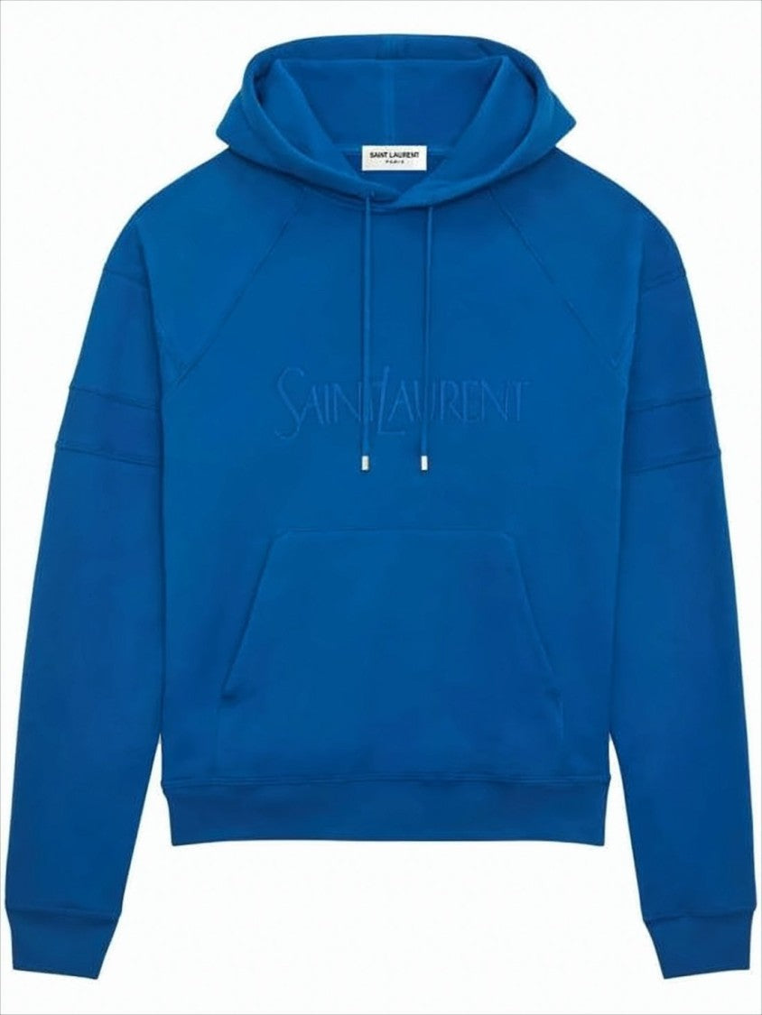 Saint Laurent Pullover Hoodie In Rich Blue With Tonal Embroidery
