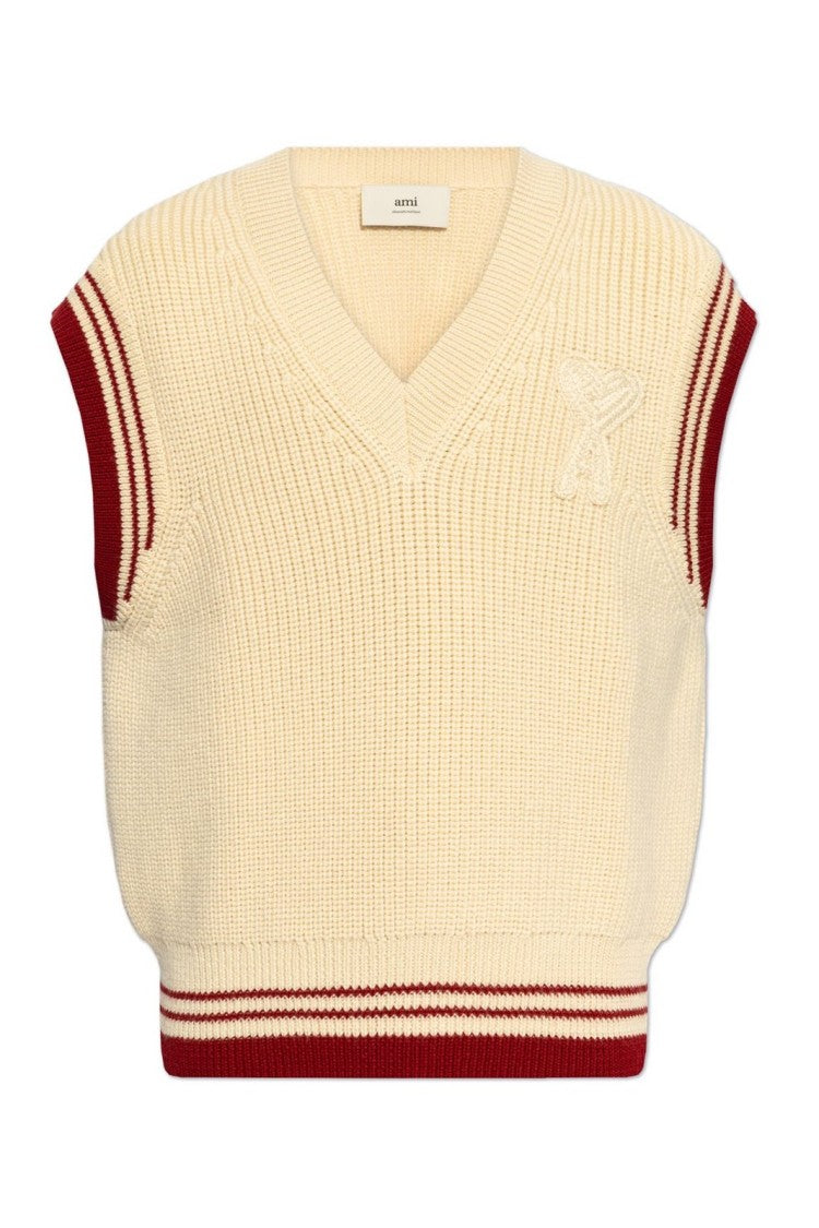 Ami Knitted Sleeveless Vest With V-Neckline And Ribbed Detail