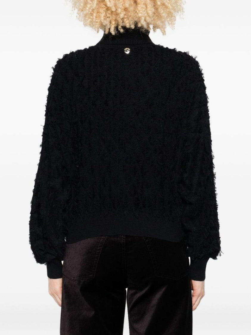 Twin-Set Textured Black Turtleneck Sweater With Ballooned Sleeves