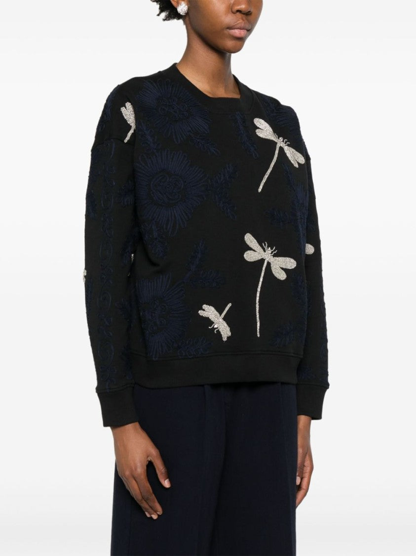 Forte Forte Embroidered Black Sweatshirt With Textured Floral Motifs