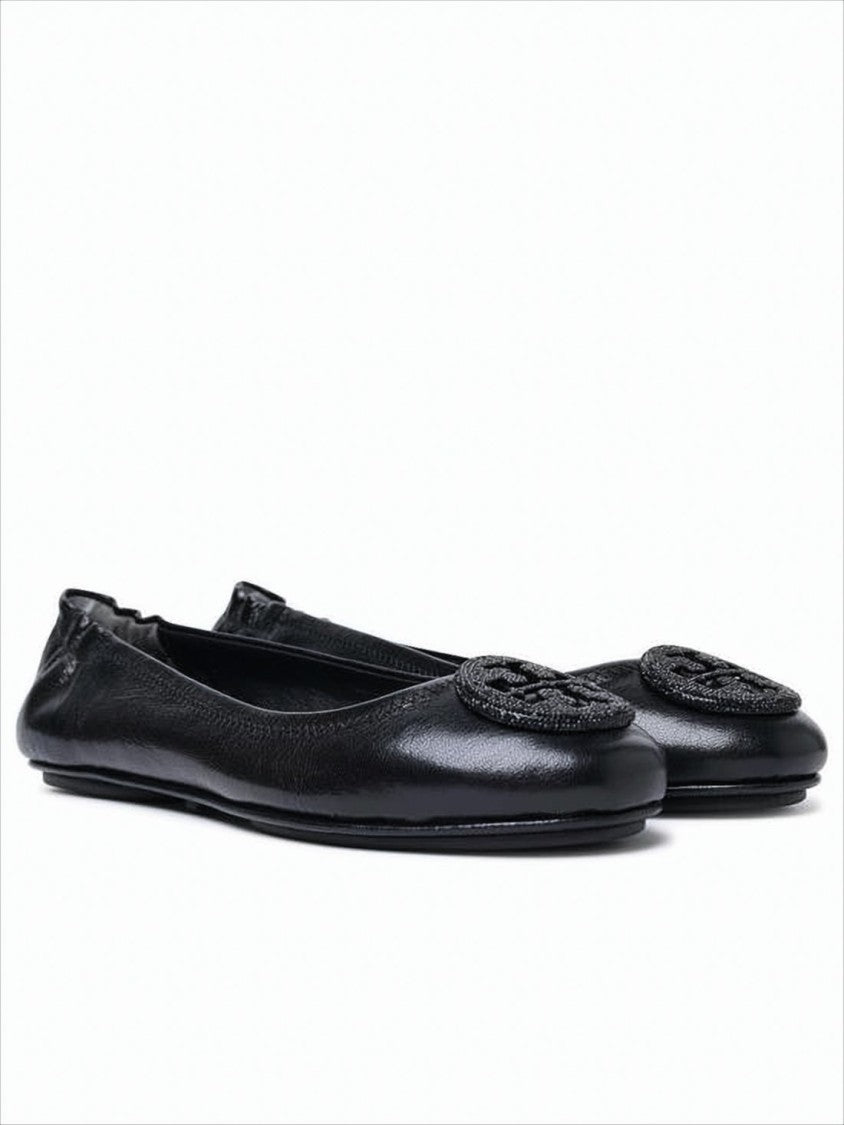 Tory Burch Lamb Leather Black Flat Shoes With Textured Emblem