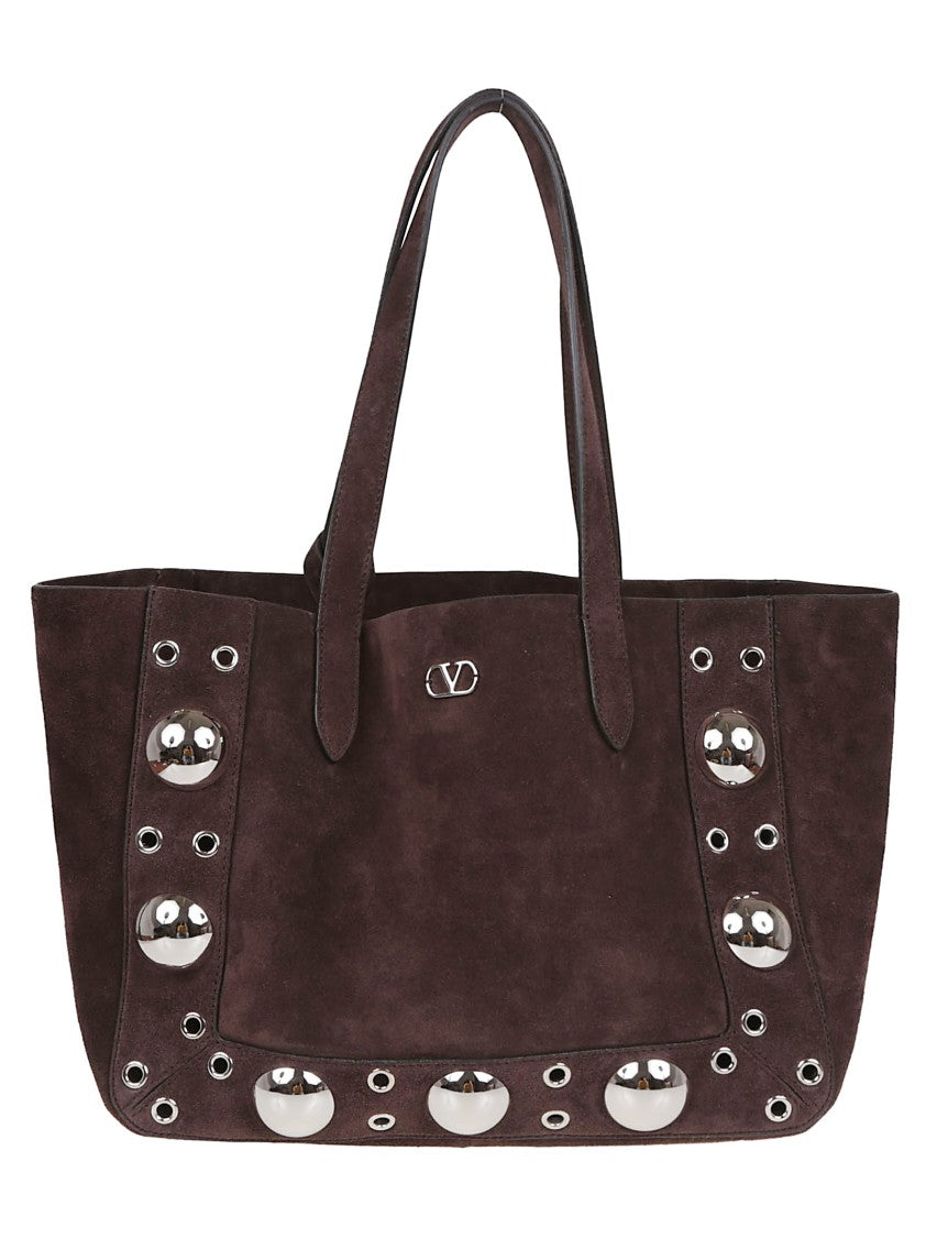Valentino Garavani Medium Brown Leather Tote With Ball Studs And Eyelet Details
