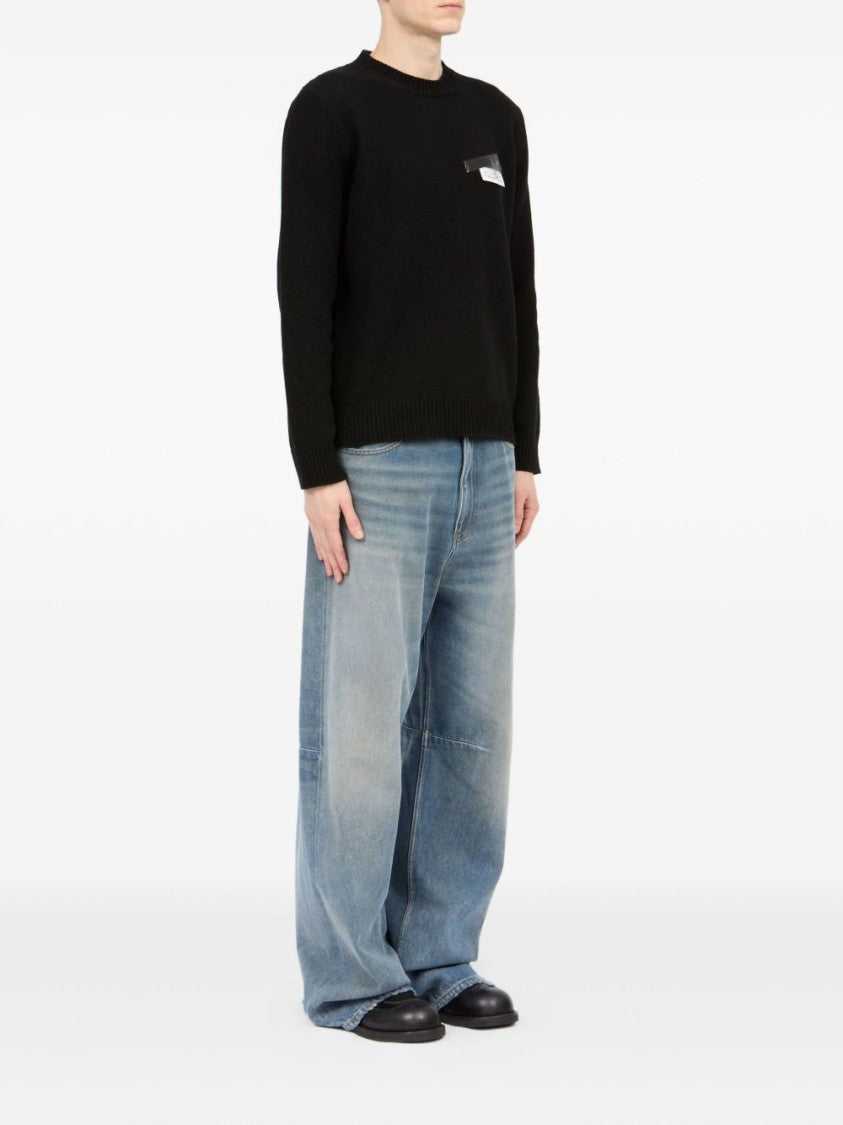 Mm6 By Maison Margiela Crew Neck Black Sweater With Ribbed Details