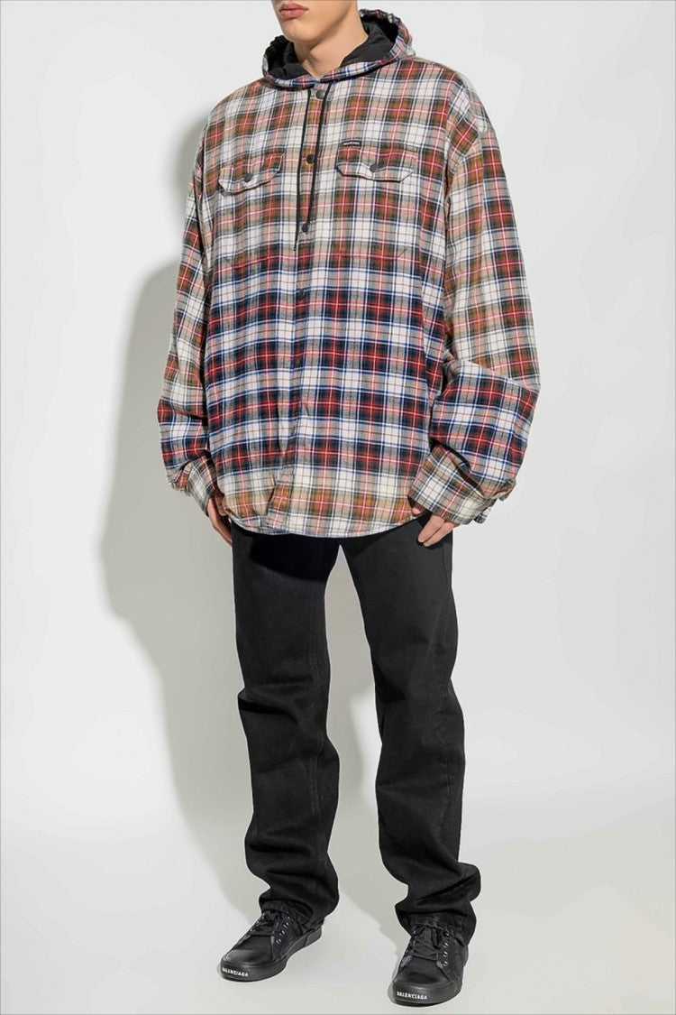 Balenciaga Bleached Plaid Hooded Long Sleeve Shirt
