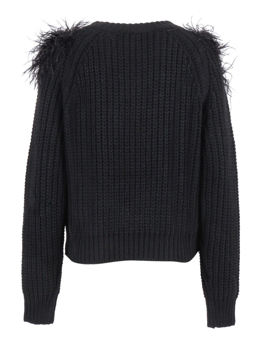 Shirt A Porter Cropped Black Knitted Sweater With Feather Detail