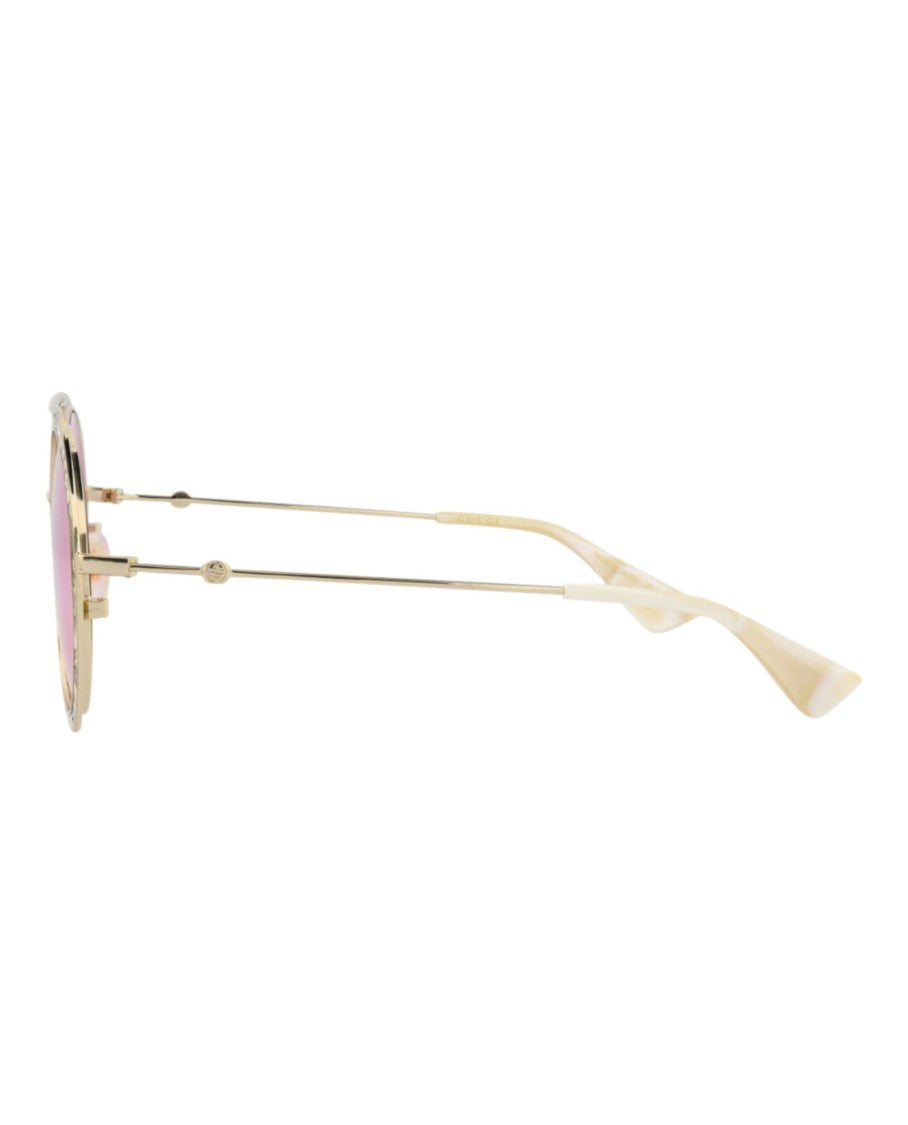 Gucci Round-Frame Leather Sunglasses With Metal Temples