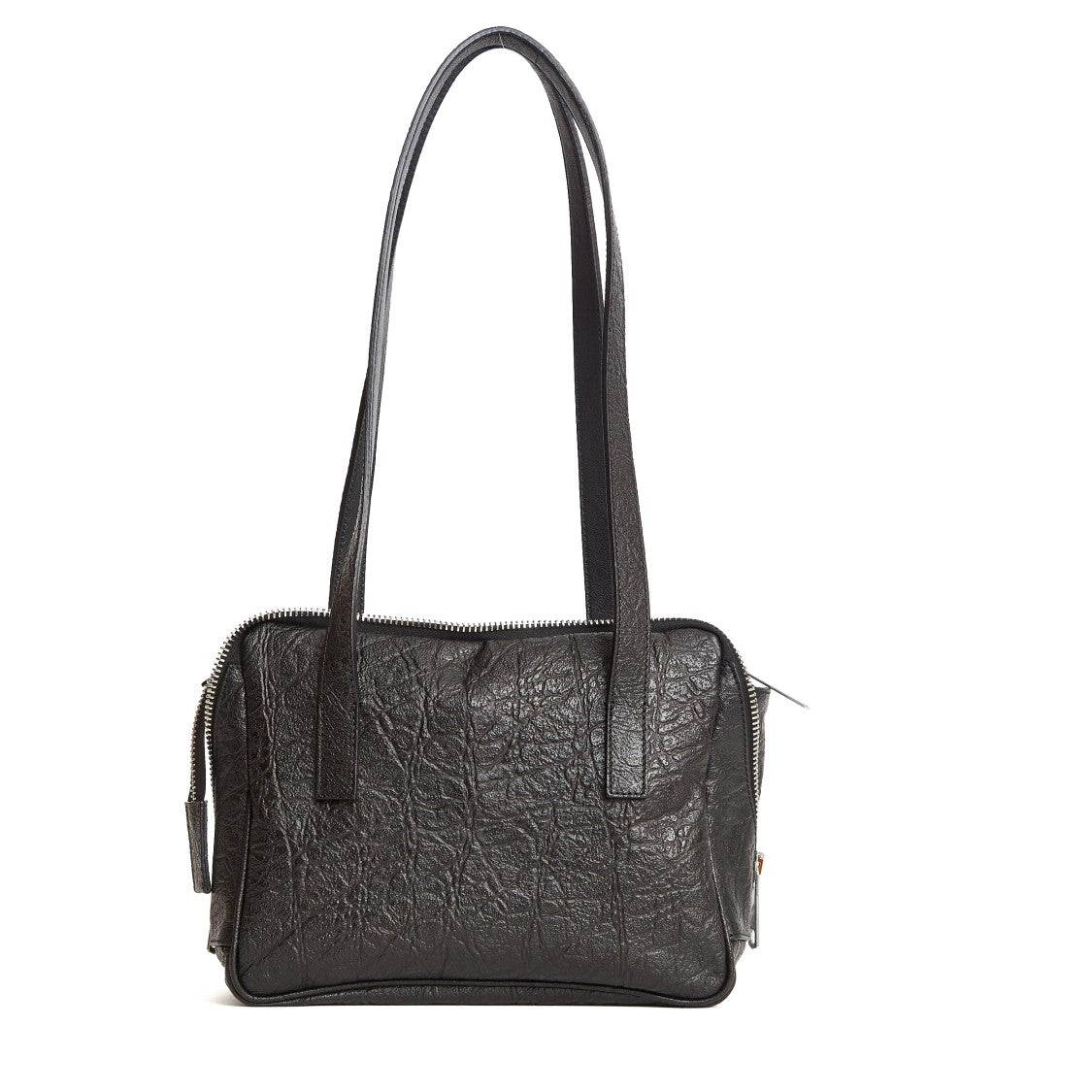 Amine Crinkled Leather Small Shoulder Bag With Double Zip Closure