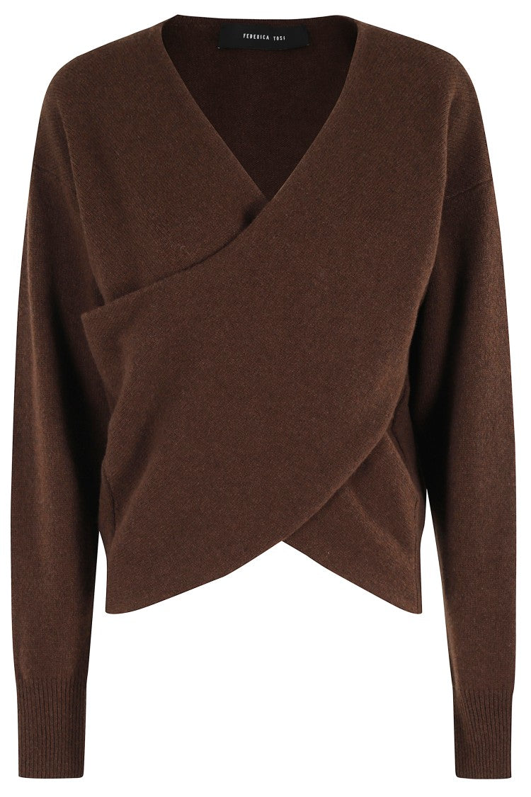 Federica Tosi Wrap Style V-Neck Knit Sweater In Rich Brown