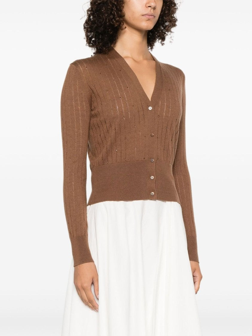 Max Mara V-Neck Brown Sweater With Embellished Detailing