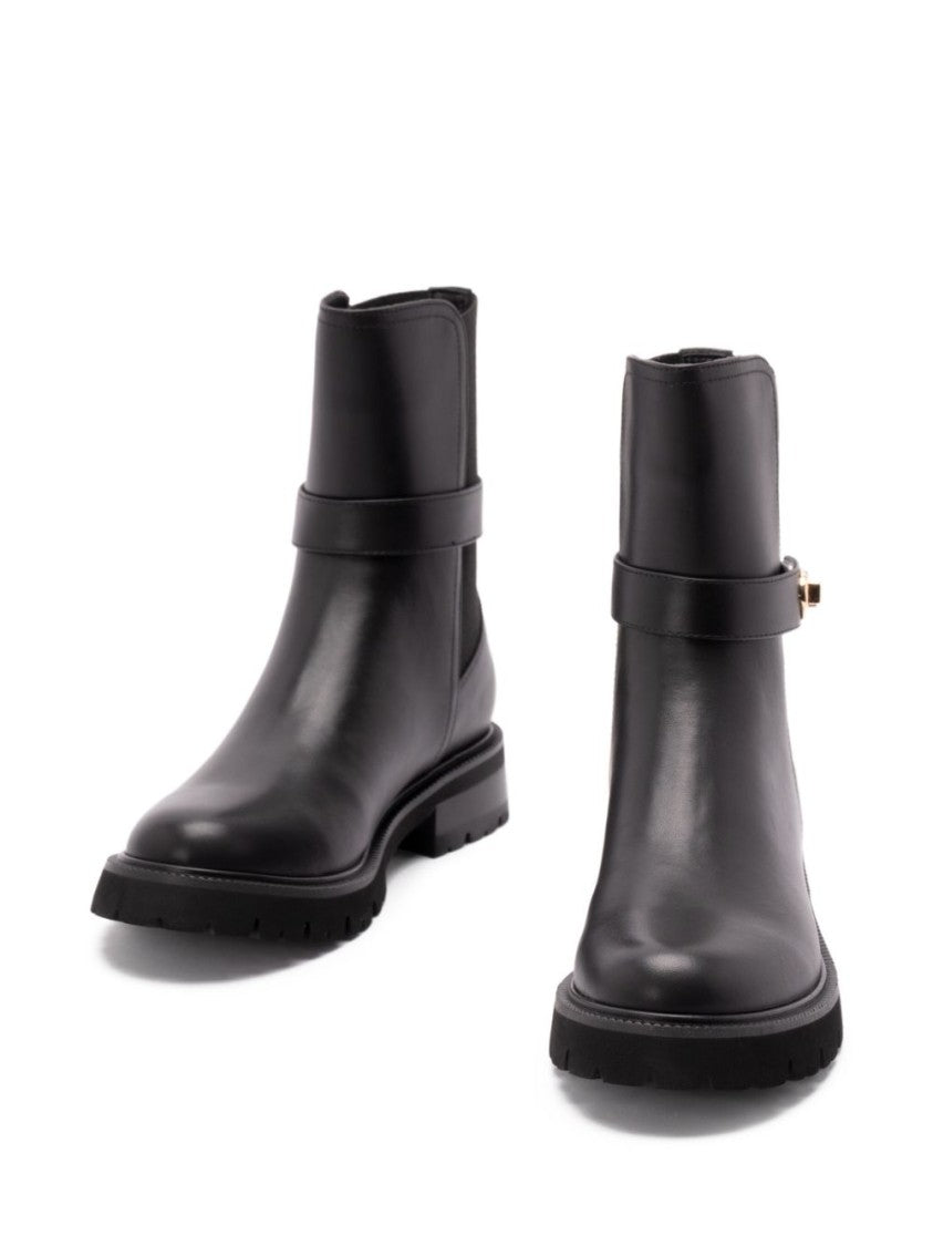 Twin-Set Smooth Leather Ankle Boots With Gold-Tone Buckle Accents
