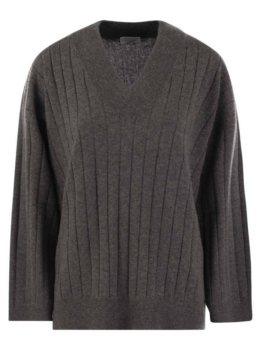 Brunello Cucinelli Cashmere Sweater With V-Neck And Necklace
