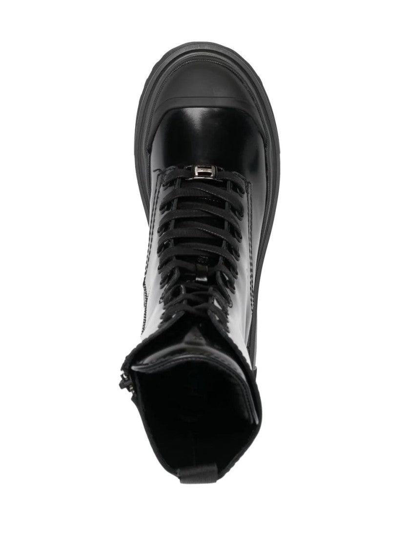Hogan Glossy Black Ankle Boots With Lace-Up Front And Chunky Sole