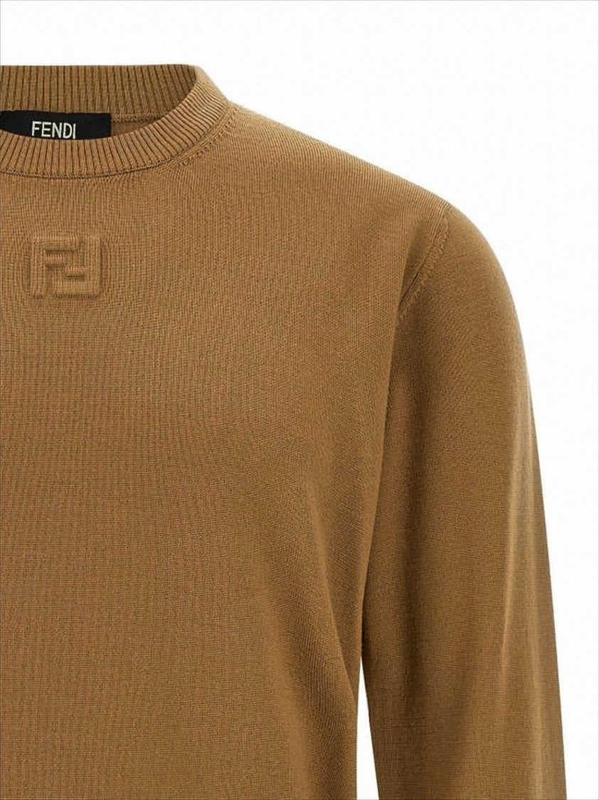 Fendi Crew Neck Wool Blend Sweater With Embossed Logo