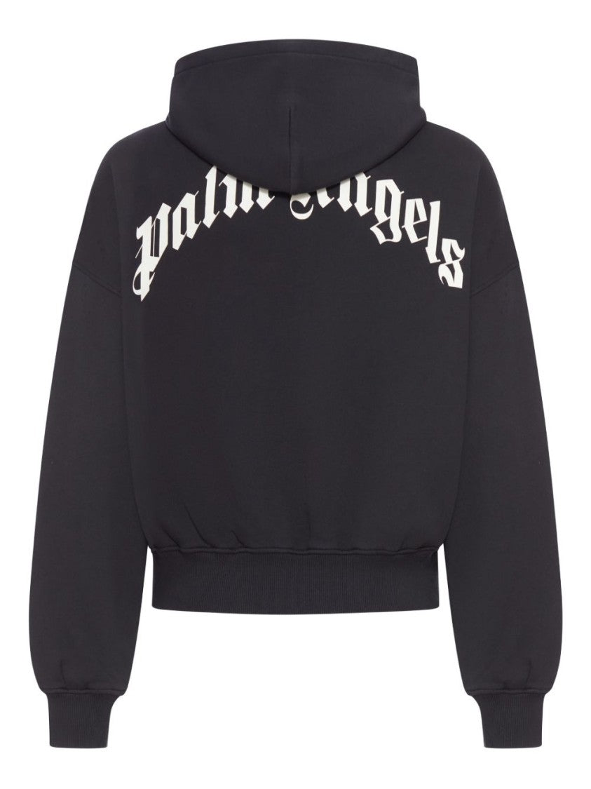 Palm Angels Cropped Black Hoodie With Gothic Typography