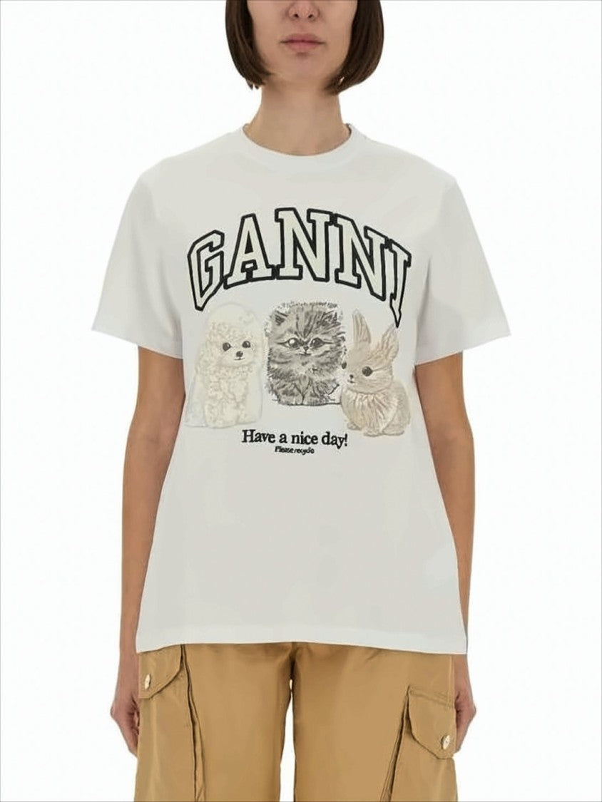 Ganni Short-Sleeved Crew Neck T-Shirt With Playful Animal Print