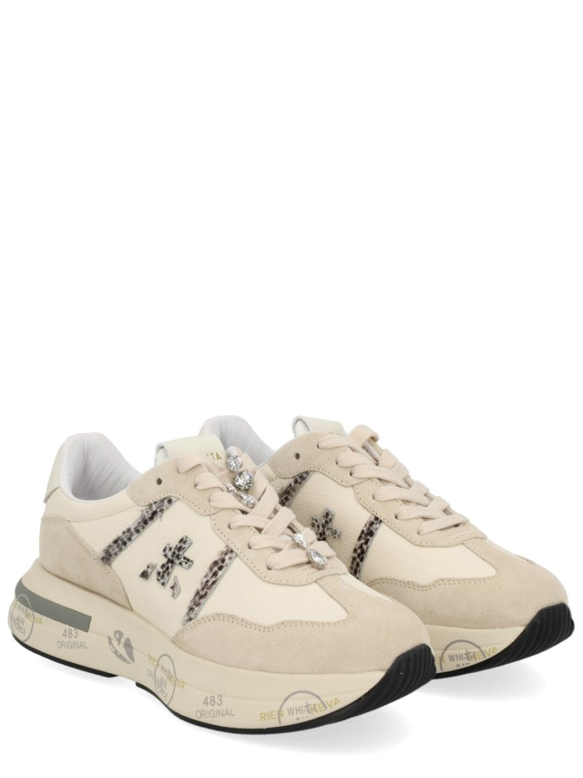 Premiata White Sneakers With Calf Leather And Rhinestone Laces