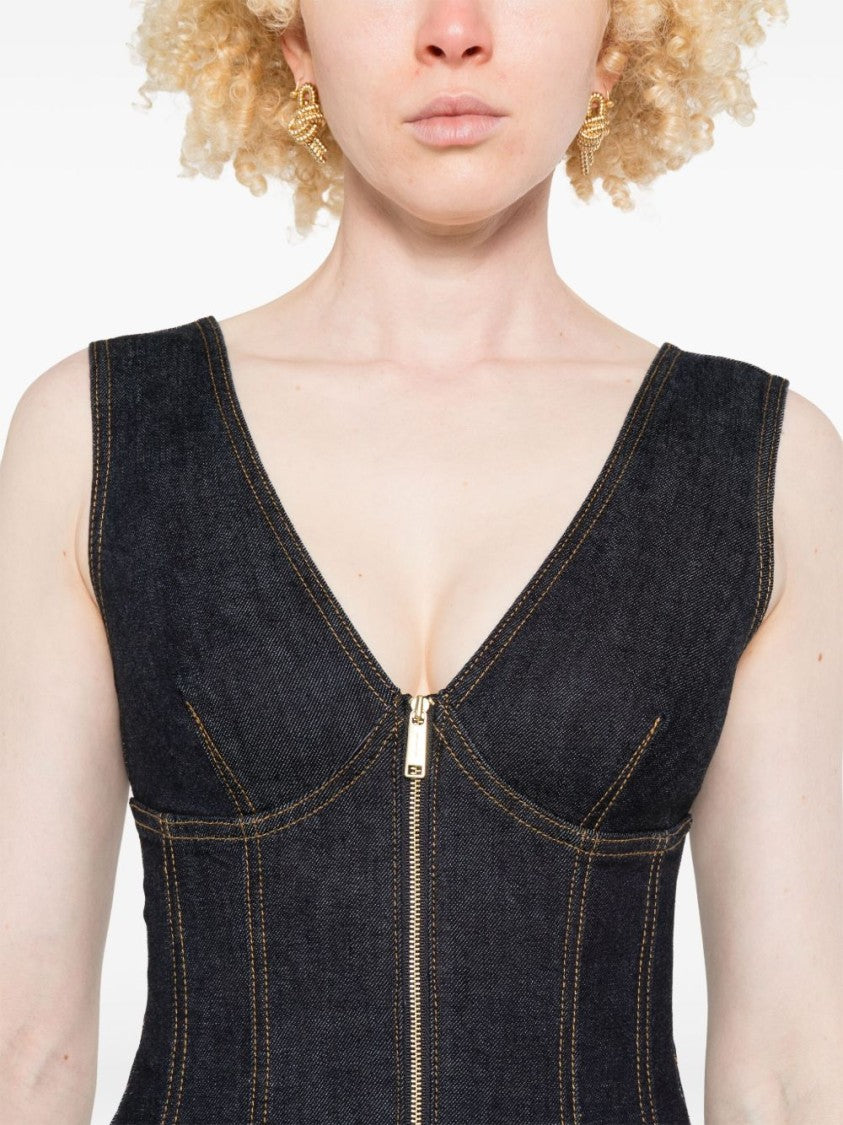 Self-Portrait Navy Blue Dress With Bustier Neckline And Zip Detail