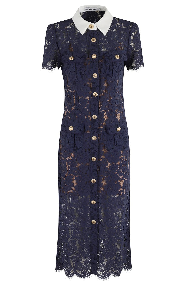 Self-Portrait Lace Contrast Collar Midi Dress