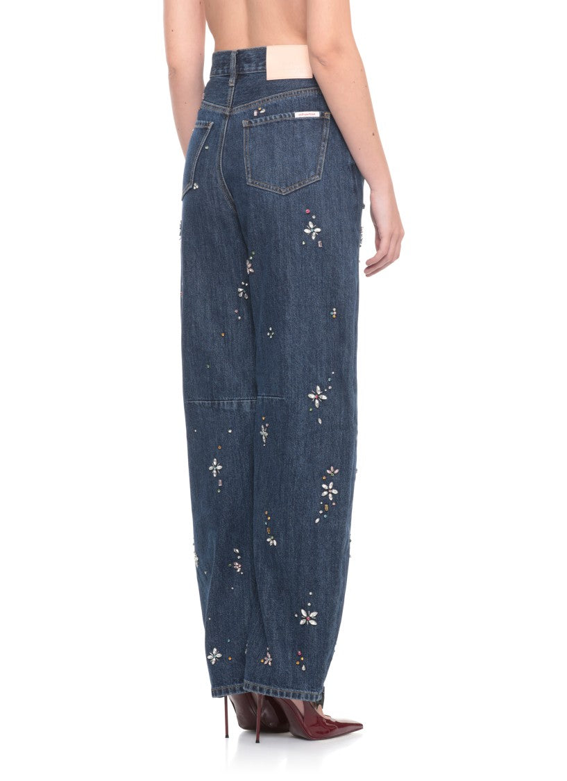 Self-Portrait Wide-Leg Cotton Jeans With Strass Floral Embellishments