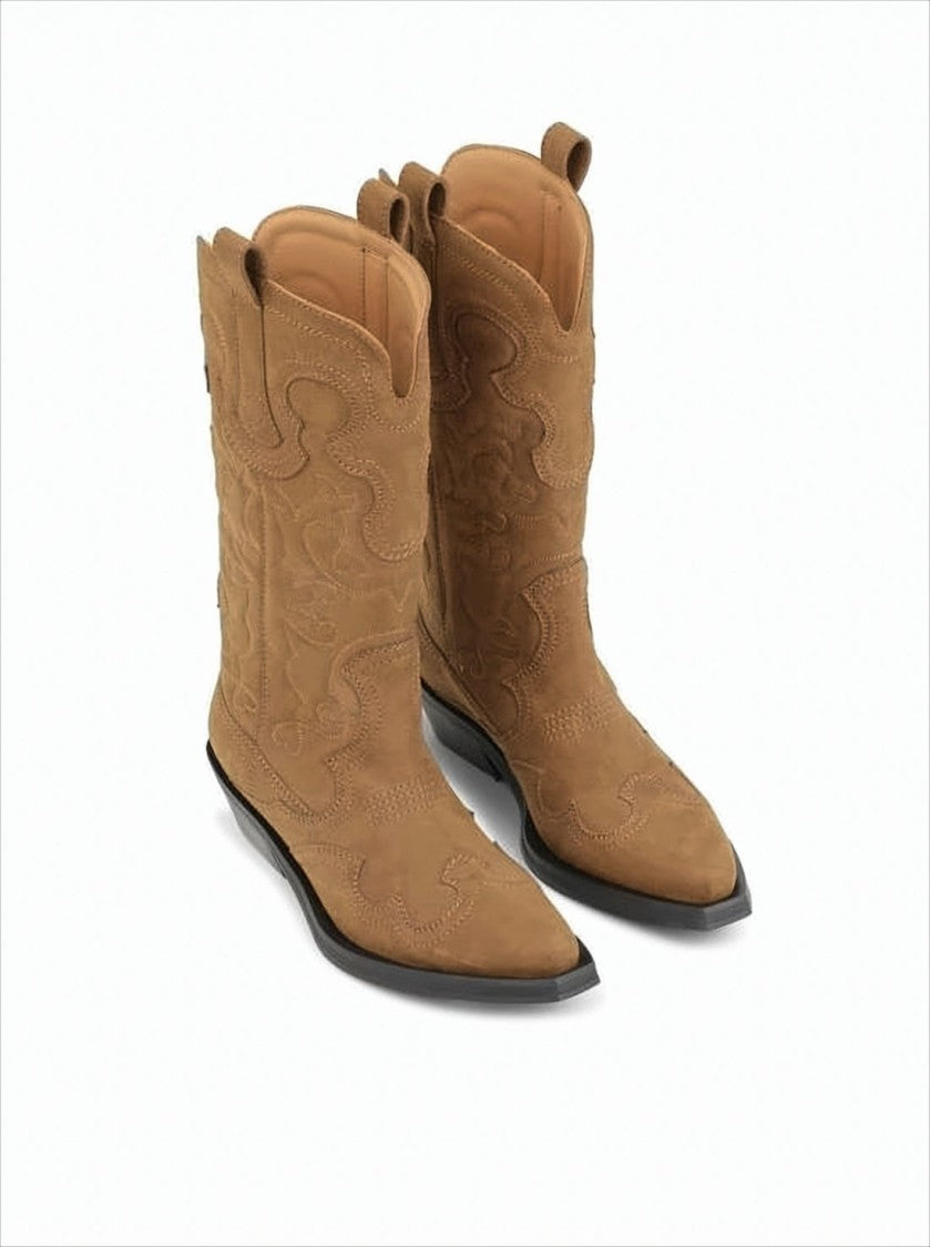 Ganni Mid-Calf Brown Boots With Intricate Stitching And Pull Tabs