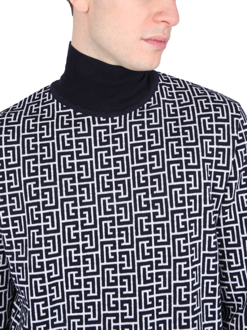 Balmain High-Neck Sweater With All-Over Monogram Pattern
