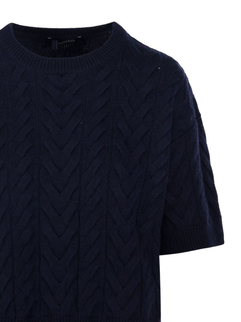 Max Mara Navy Cable Knit Sweater With Short Sleeves