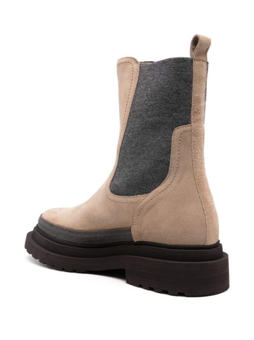 Brunello Cucinelli Brown Suede Ankle Boots With Textured Panels And Chunky Sole