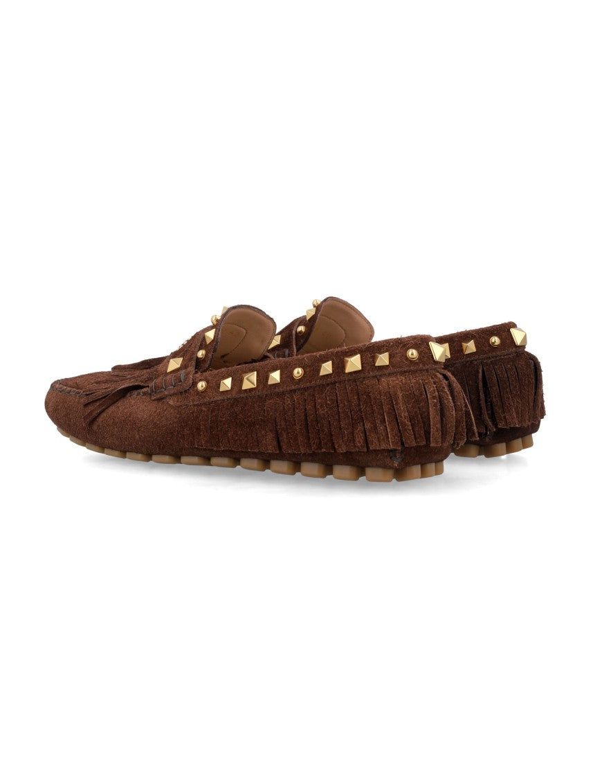 Valentino Garavani Fastway Driver Rich Brown Suede Driving Loafers