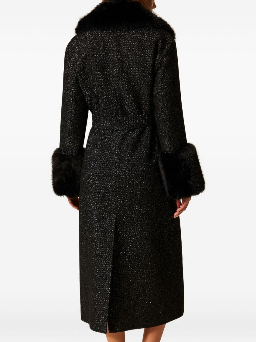 Twin-Set Textured Black Coat With Fur Trim