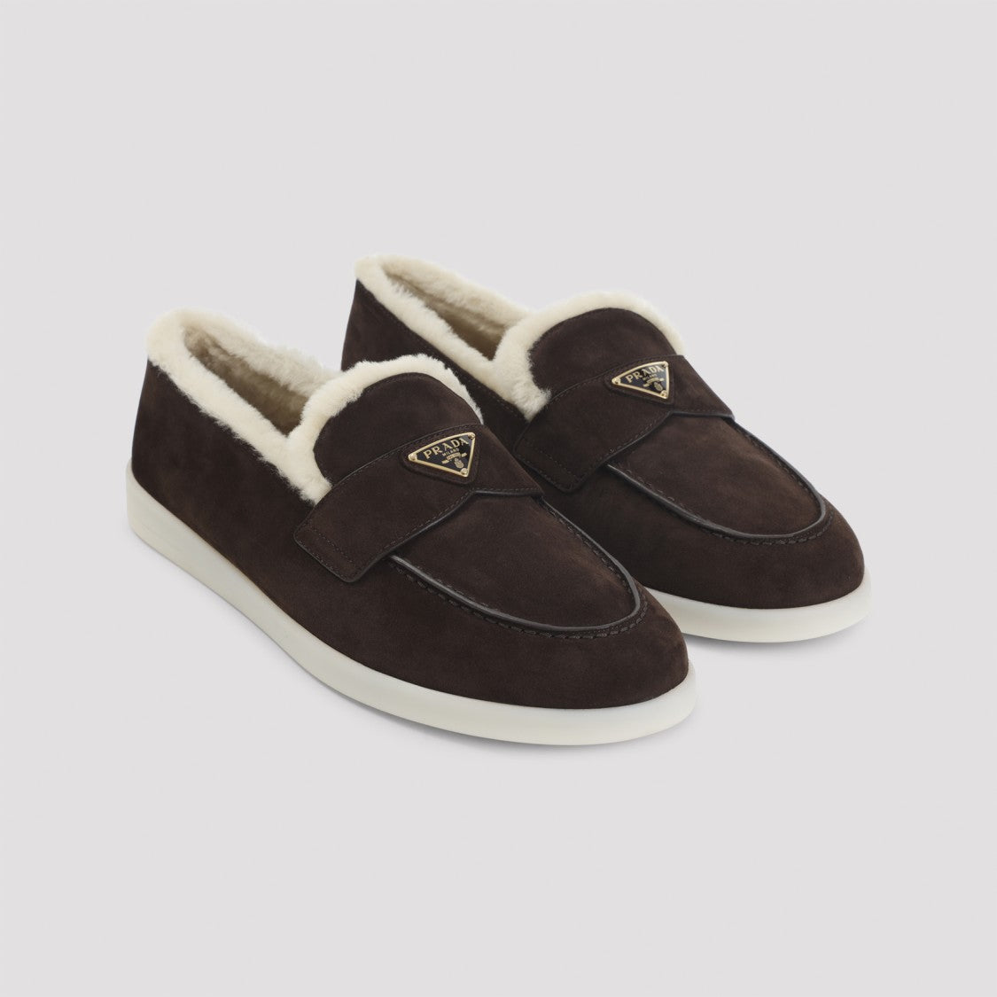 Prada Brown Suede Loafers With Shearling Lining And Minimalist Design
