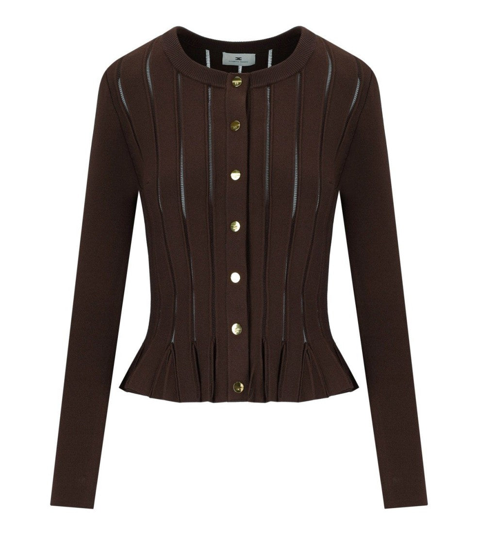 Elisabetta Franchi Peplum Hem Cardigan With Gold Logo Buttons And Sheer Panels