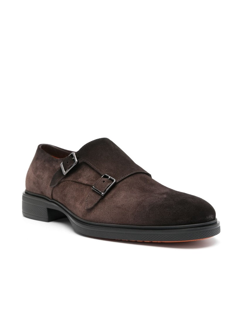 Santoni Monk Strap Calf Suede Loafers With Double Buckle Closure