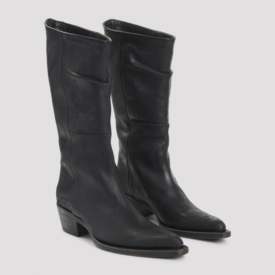 Khaite Mid-Calf Black Leather Boots With Pointed Toe And Stacked Heel