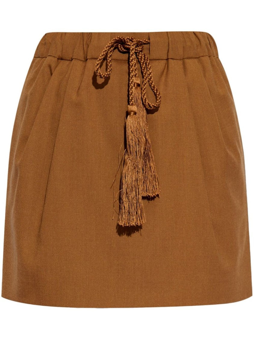 Max Mara Relaxed Fit Brown Leather Skirt With Tassel Waist
